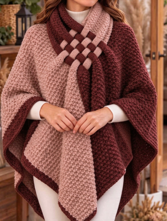 Burgundy and pink knit wrap poncho