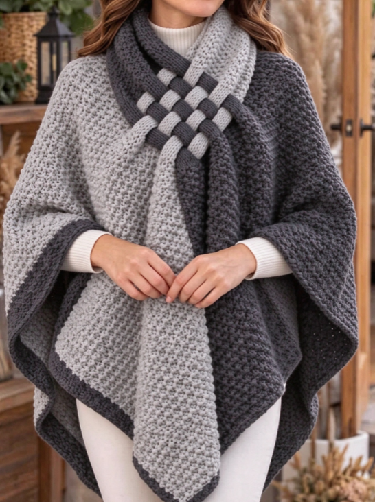 Gray two tone poncho with woven knot