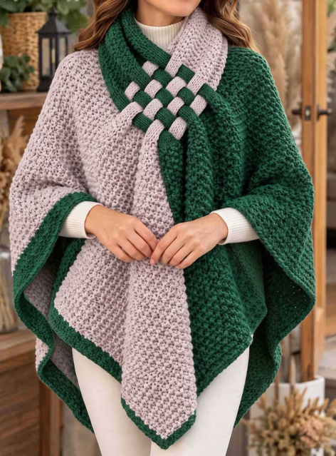 Women's poncho sweater in green and pink with woven knot front