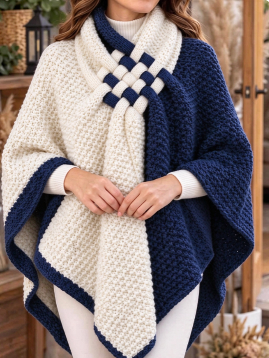 Navy and cream knit poncho