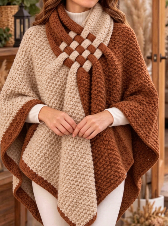 Rust and beige two tone knit poncho