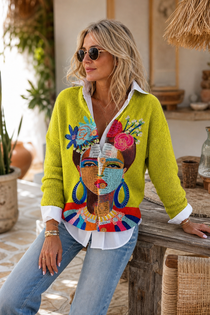 Lime art print cardigan worn over a white shirt