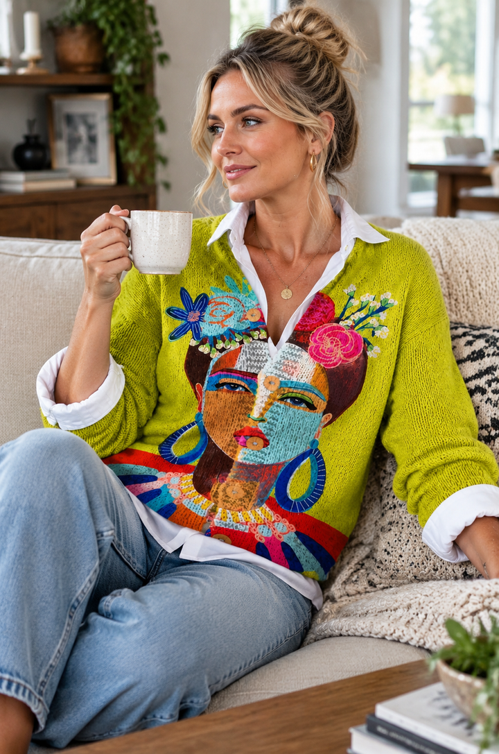 Lime art print knit cardigan at home