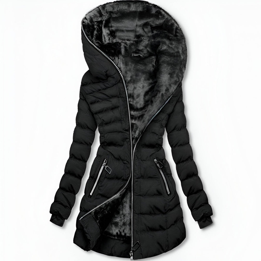 Women's Puffer Coat | Hooded Asymmetric Zip with Plush Lined Hood