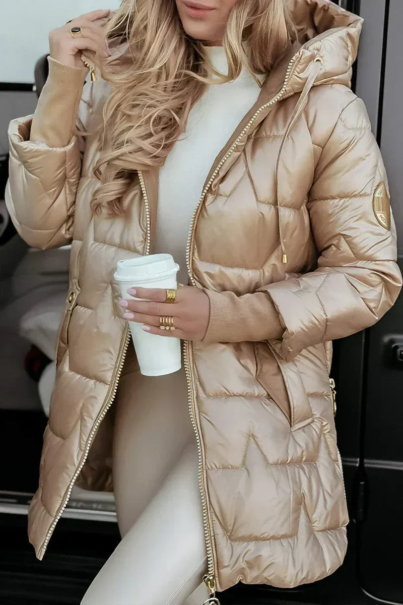 Women's beige puffer coat, hooded and quilted with a glossy finish, front view