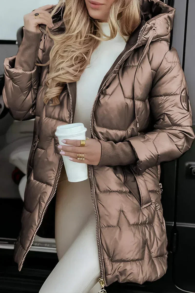 Mocha quilted puffer coat with hood, front view on model