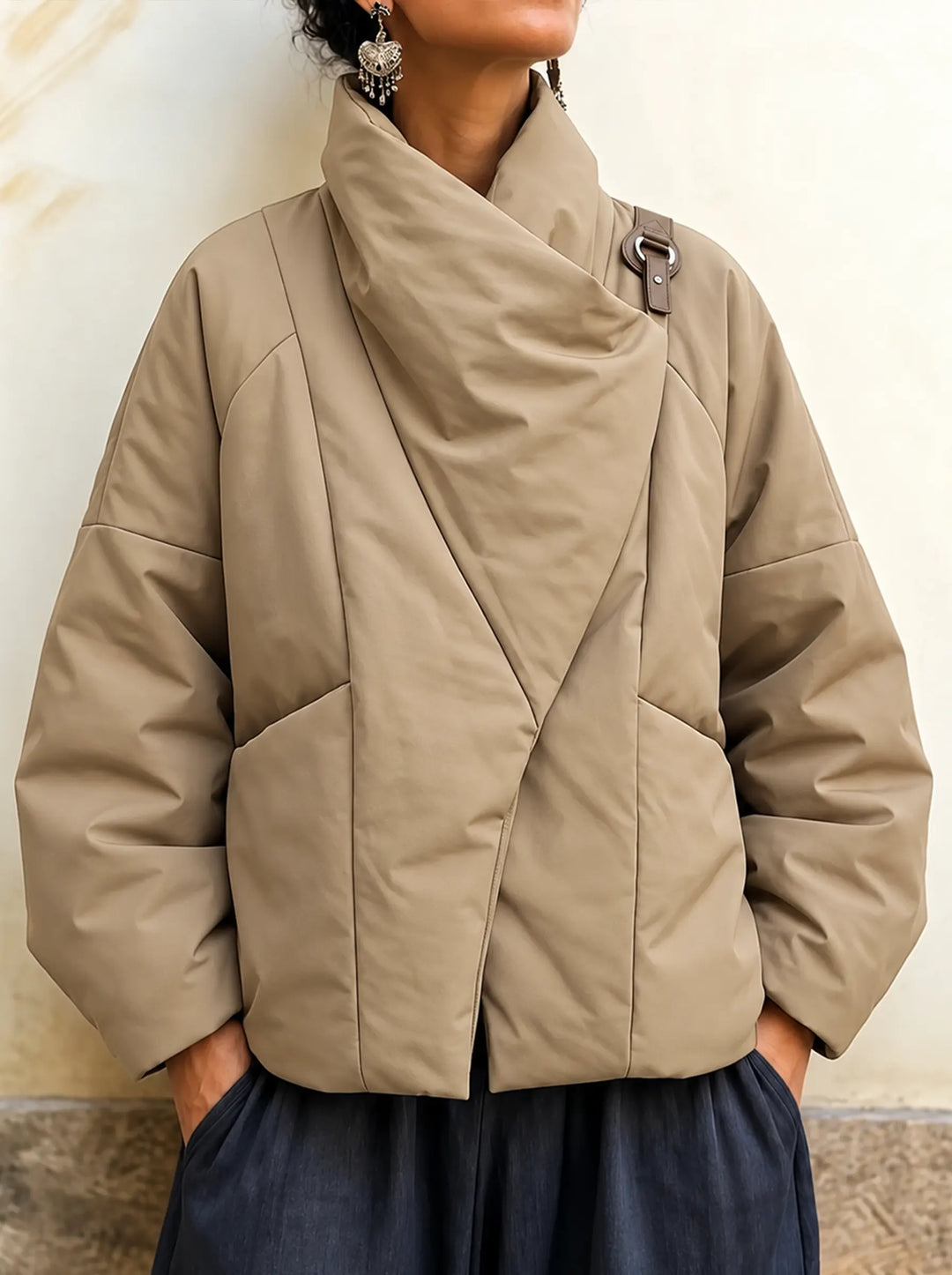 Khaki puffer jacket with draped collar and slanted side pockets