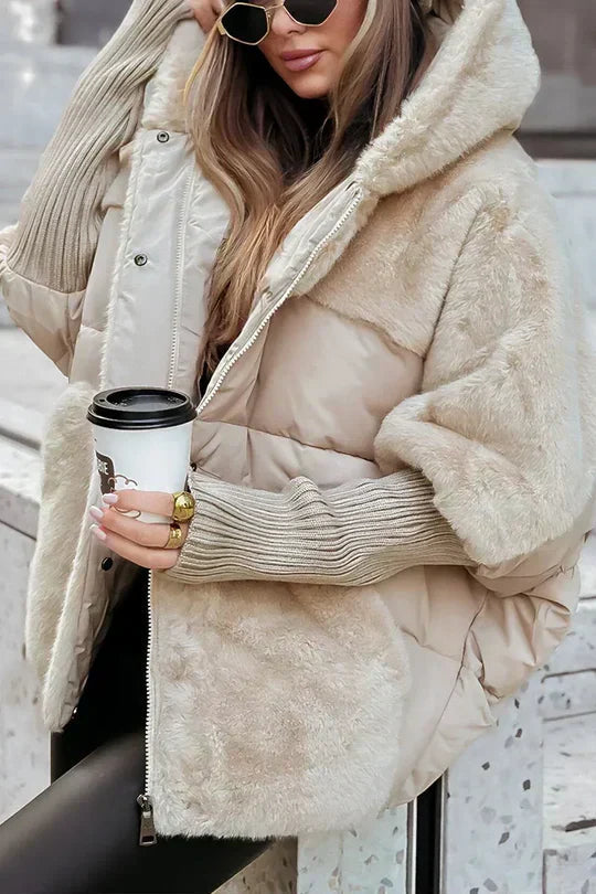 Women's puffer jacket, fluffy faux fur oversized hooded, photo 1
