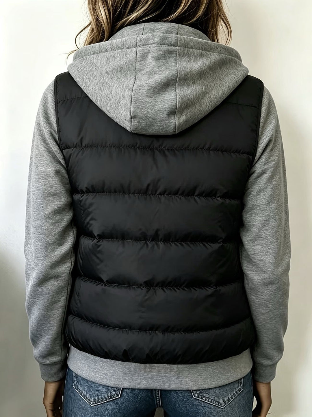 Back view of the black and gray puffer jacket showing the quilted body and hood