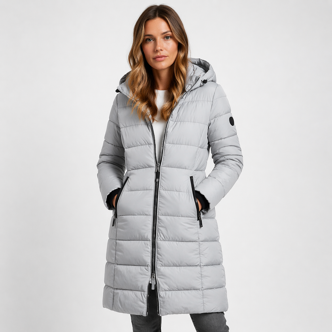 Women's puffer jacket, long hooded quilted coat in gray