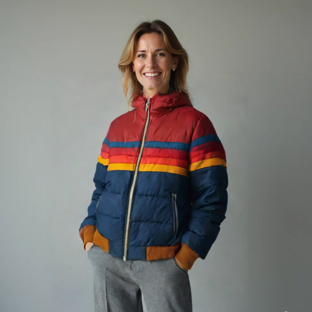 Women's puffer jacket, retro rainbow stripe zip up, photo 1