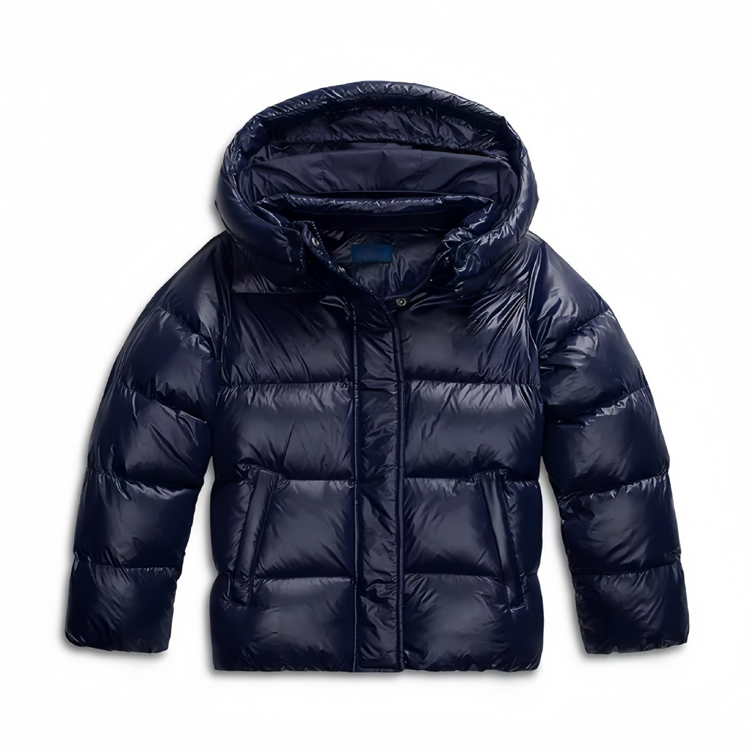 Women's navy short puffer jacket, front view with the hood