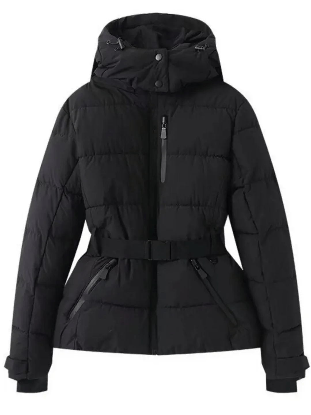 Black belted puffer ski jacket with hood and quilted channels