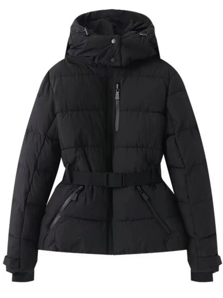 Black belted puffer ski jacket with hood and quilted channels