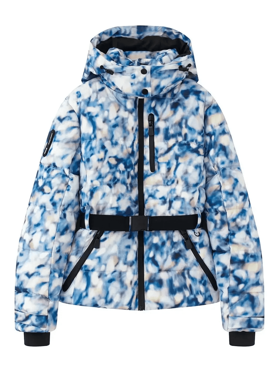 Blue print belted puffer ski jacket with hood