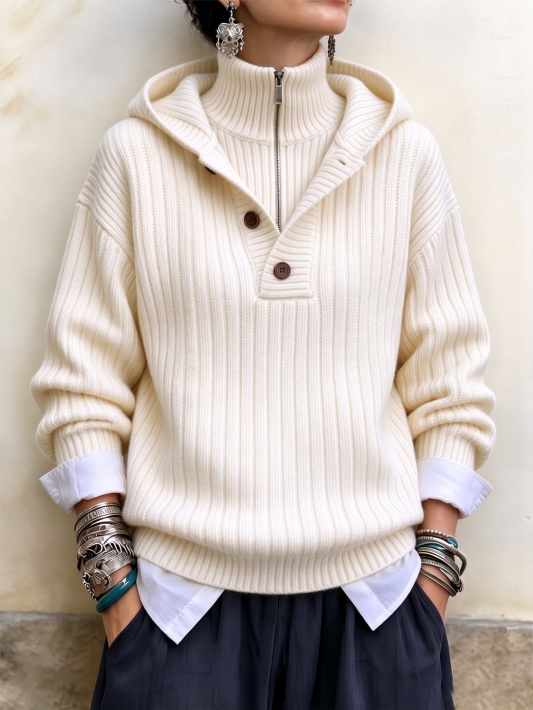 Cream ribbed sweater with funnel neck zip, worn over a white shirt