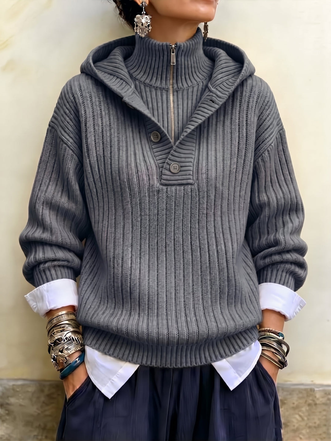 Gray hooded sweater with short zip and relaxed fit, front view