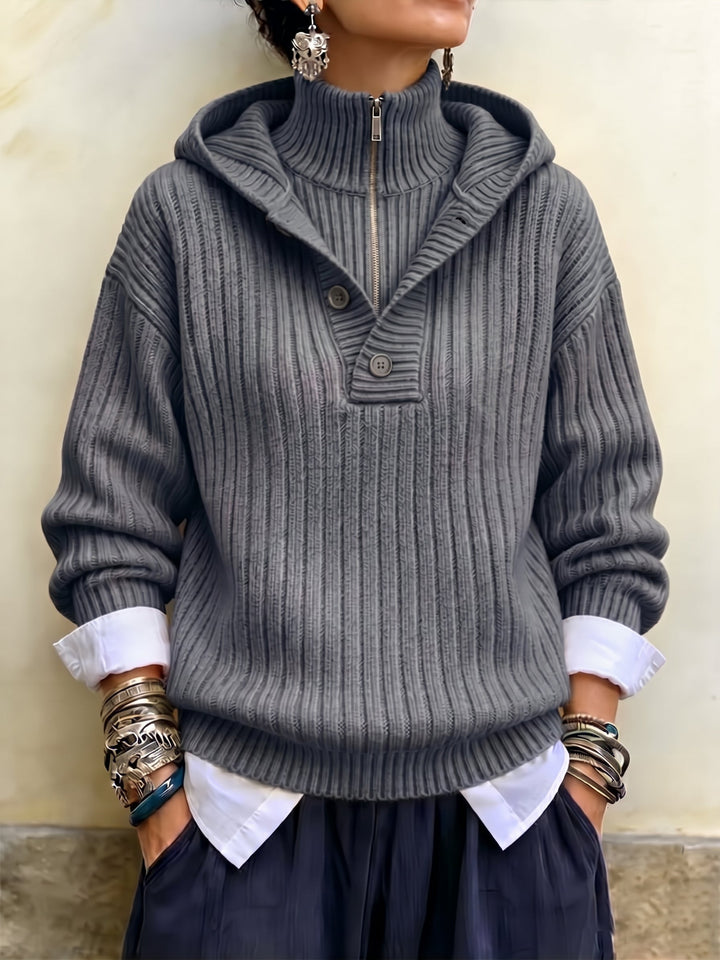 Gray hooded sweater with short zip and relaxed fit, front view