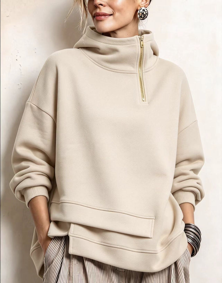 Cream mock neck sweatshirt with split hem