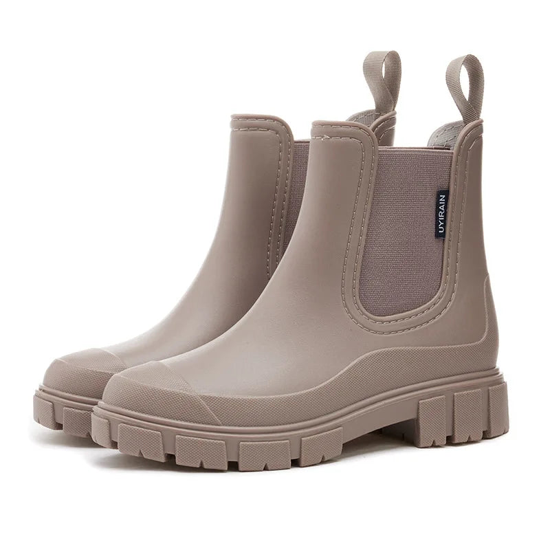 Taupe Chelsea ankle rain boots with pull tabs, pair side view