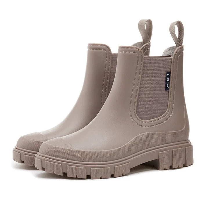 Taupe Chelsea ankle rain boots with pull tabs, pair side view