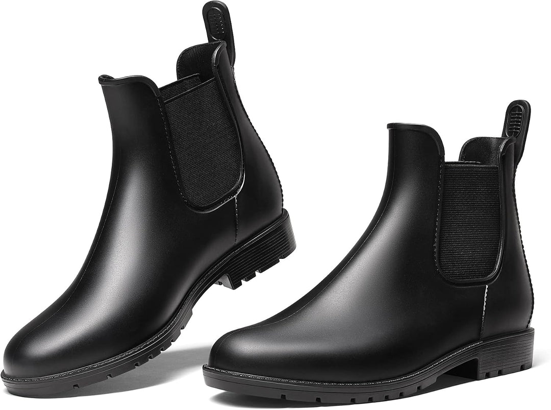Women's black rain boots, Chelsea ankle with elastic side panels, pair