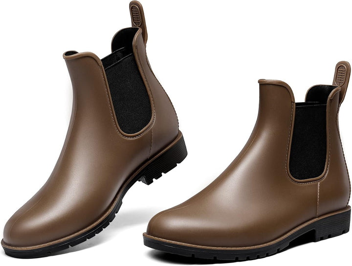 Pair of brown Chelsea ankle rain boots with elastic side panels