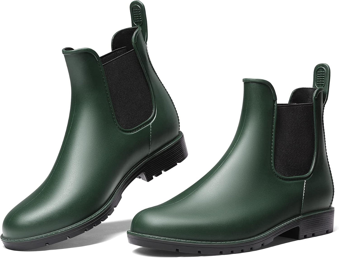 Pair of olive green Chelsea ankle rain boots with elastic panels