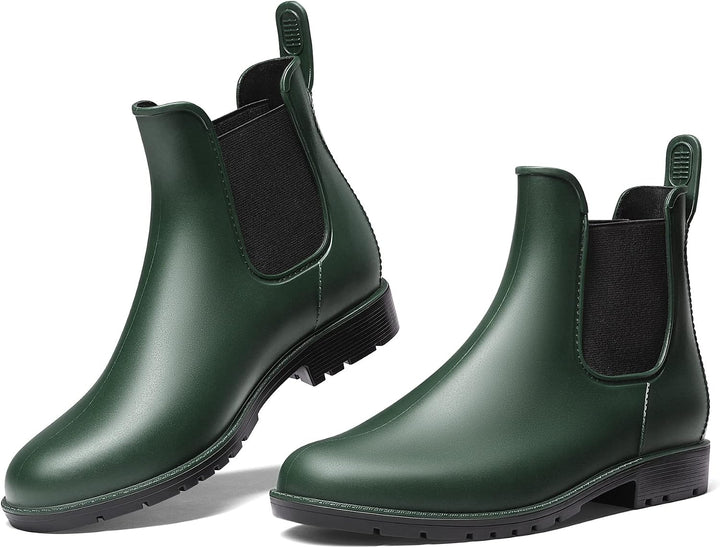 Pair of olive green Chelsea ankle rain boots with elastic panels