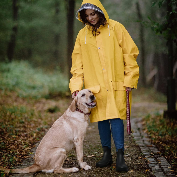Woman in a yellow raincoat and tall boots sitting with a dog in a park