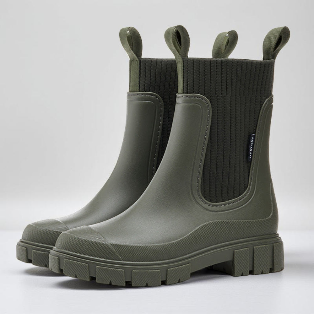 Olive green rain boots with knit collar and chunky lug sole