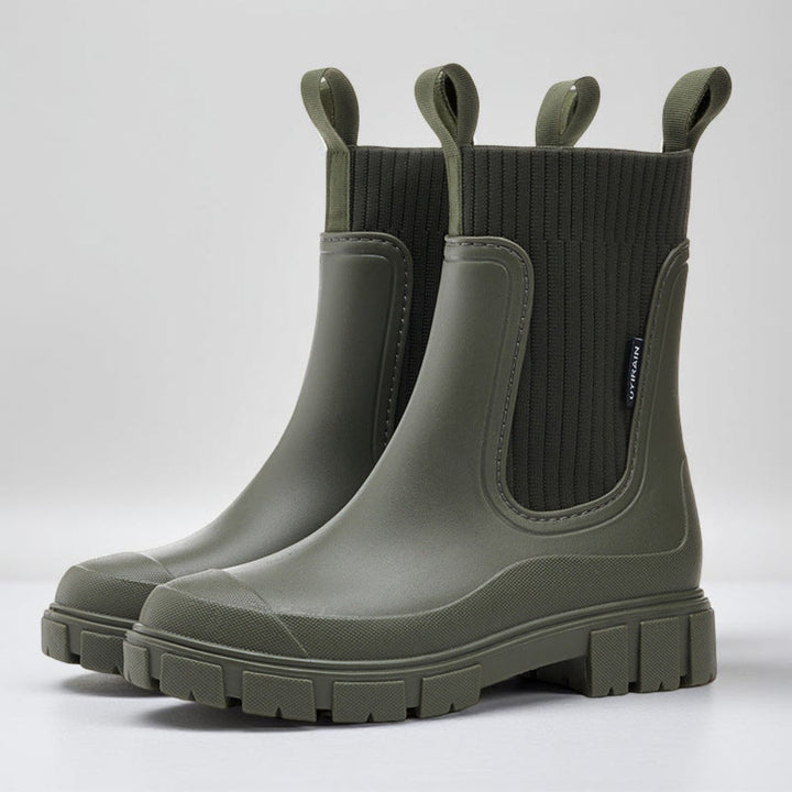 Olive green rain boots with knit collar and chunky lug sole