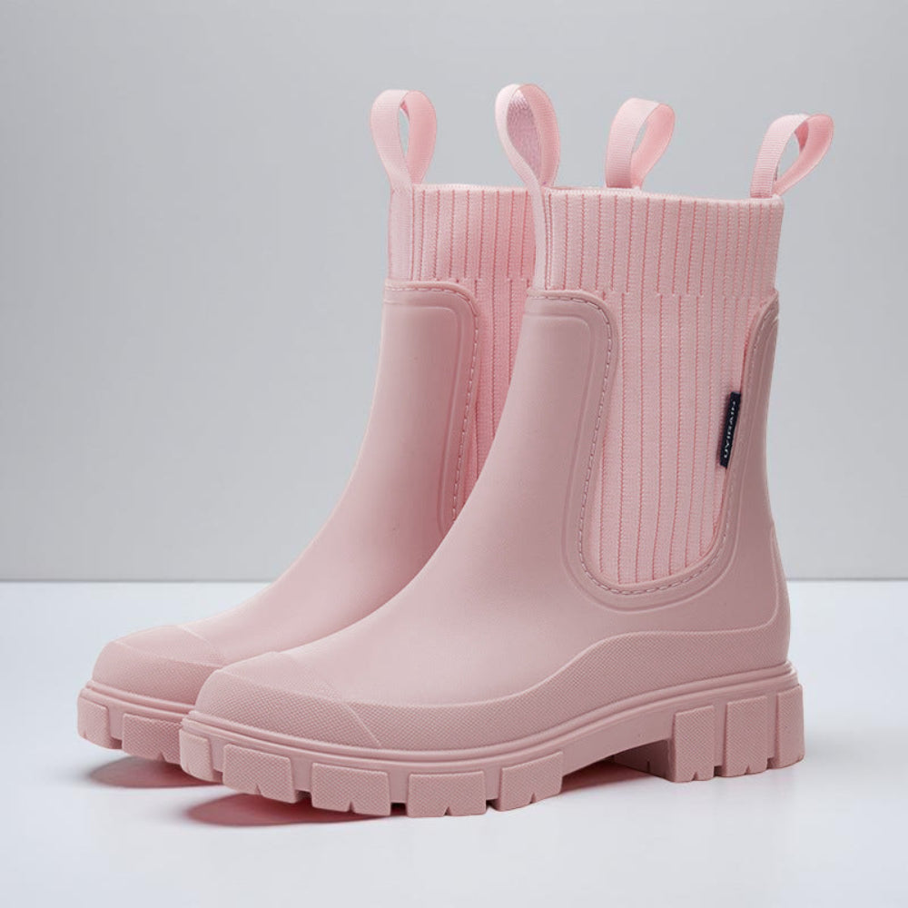 Light pink ankle rain boots with knit collar and pull loops