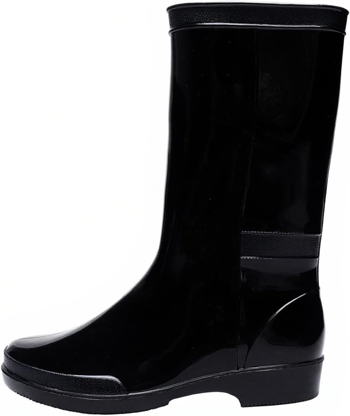 Black glossy pull on rain boot with side strap, front angled view
