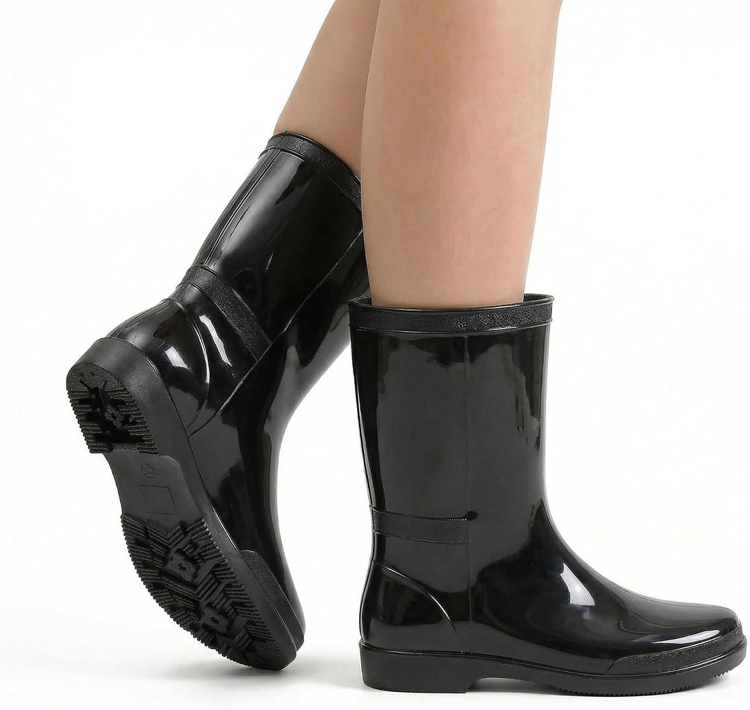 Woman wearing glossy black mid calf rain boots, one foot raised to show the sole
