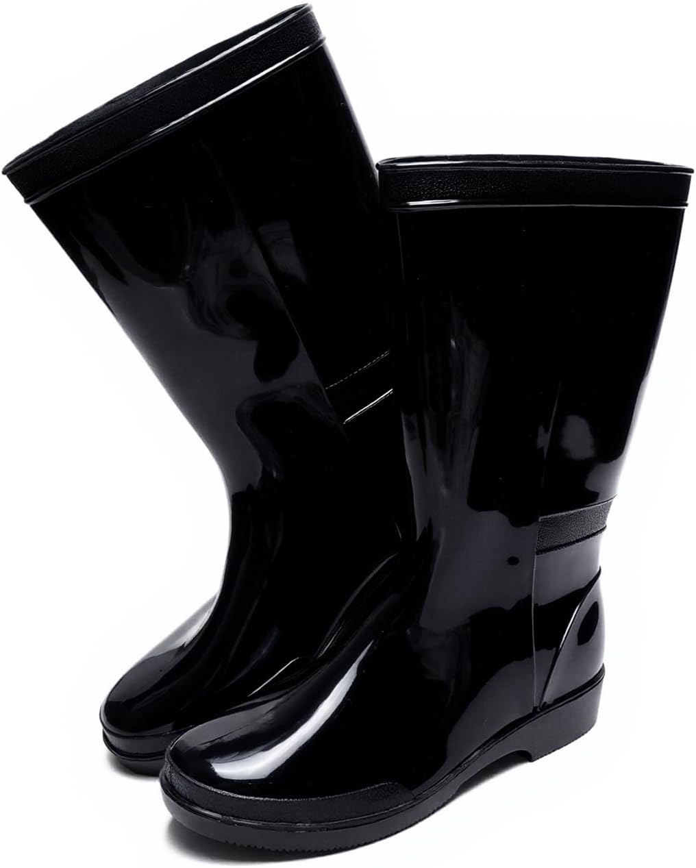 Pair of black glossy mid calf rain boots leaning together