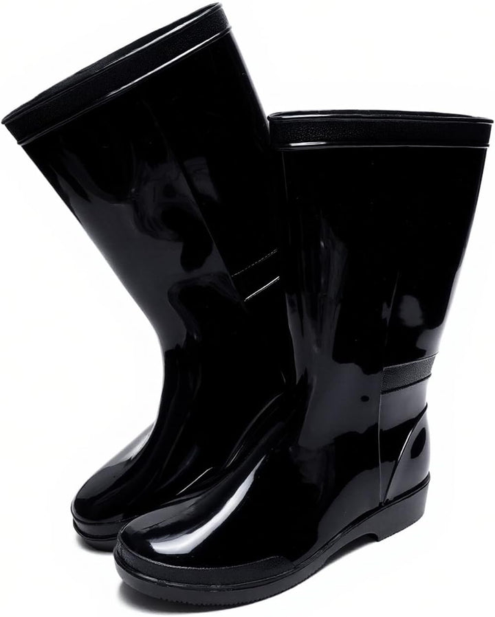 Pair of black glossy mid calf rain boots leaning together
