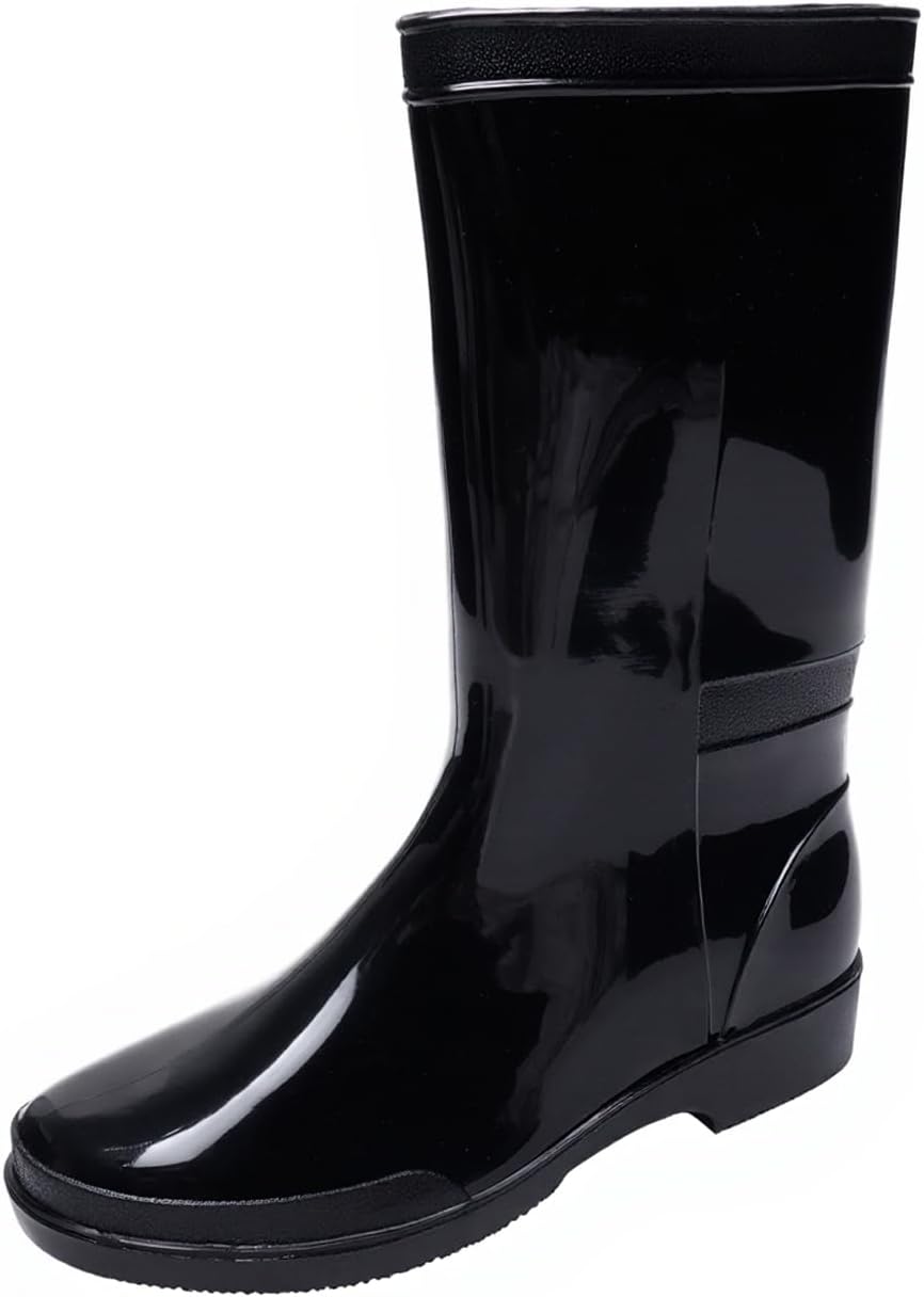 Women's rain boots in glossy black, mid calf pull on with tread sole, side view