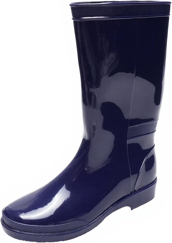 Navy glossy mid calf pull on rain boot with strap detail, side view