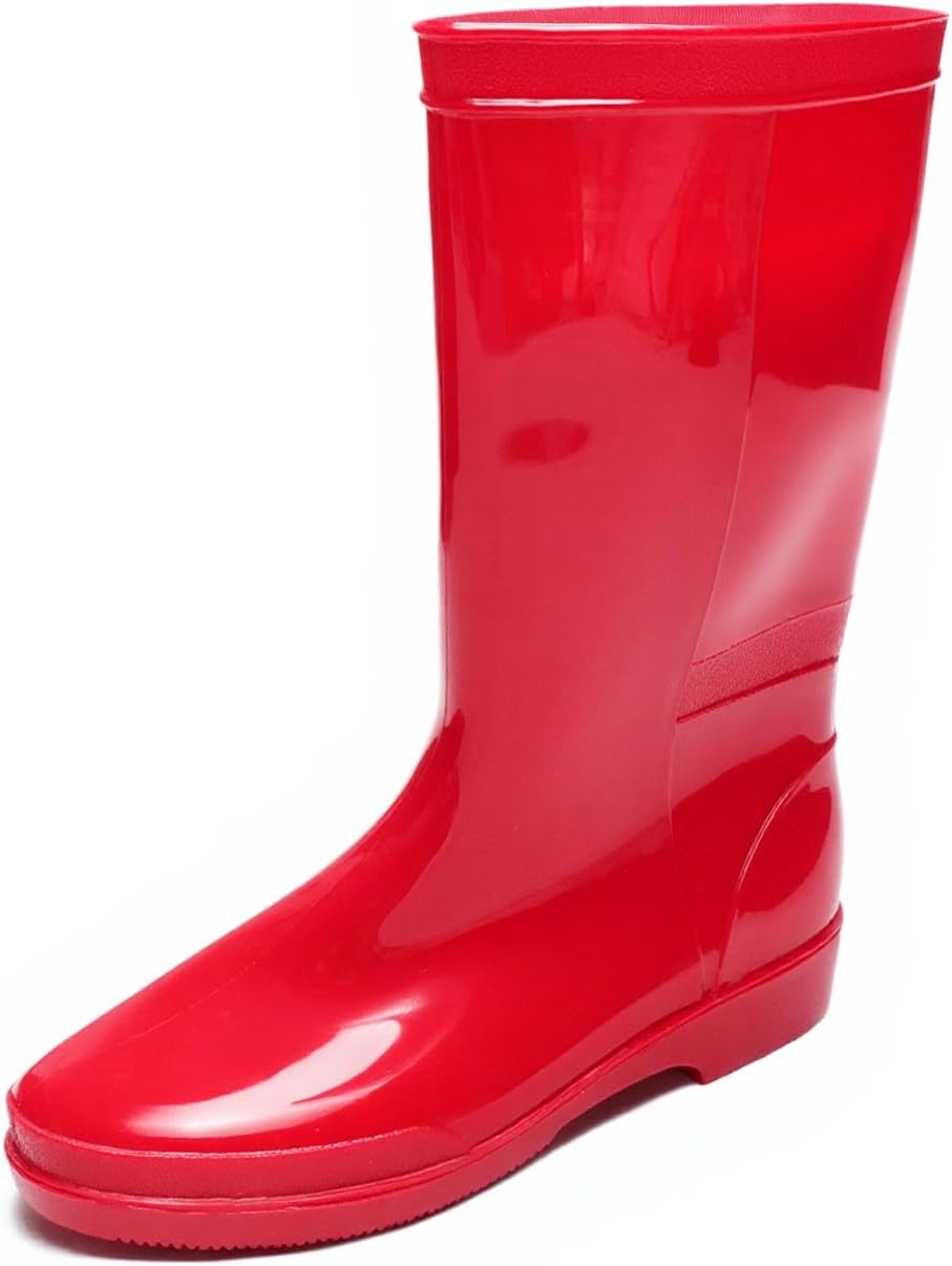 Red glossy mid calf pull on rain boot with a ridged sole