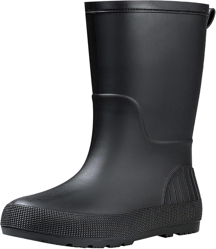 Black mid calf matte rain boot with textured toe and back tab