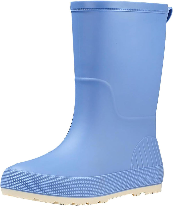 Blue matte mid calf rain boot with pull on design and back tab