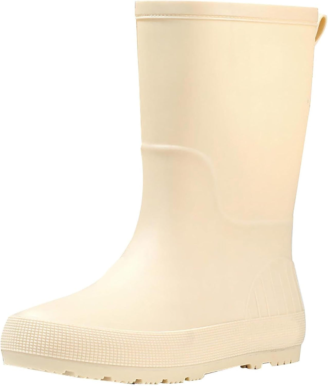 Cream mid calf pull on rain boot with back tab, side view