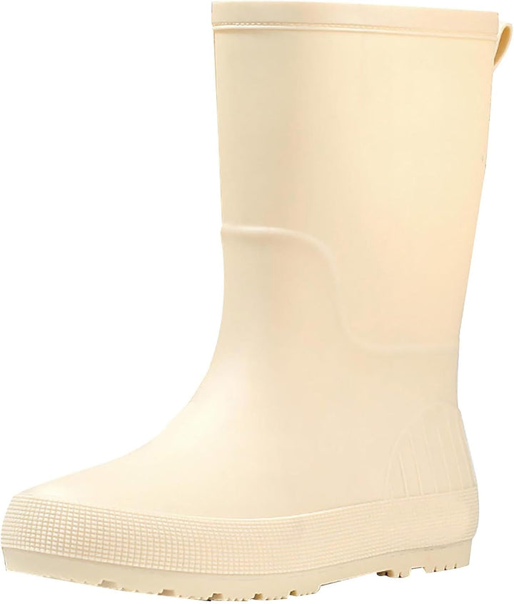 Cream mid calf pull on rain boot with back tab, side view