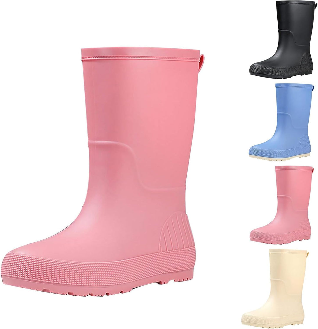Women's rain boots in pink, mid calf matte pull on with back tab