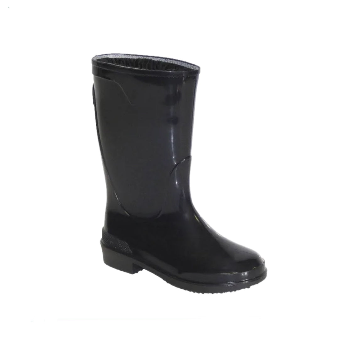 Women's rain boots in black, mid calf matte pull on style, front view