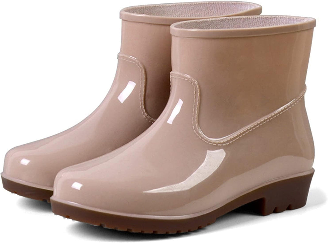 Khaki short glossy ankle rain boots with low block heel, pair view