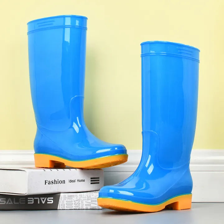 Women's rain boots in sky blue, tall glossy pull on with contrast sole