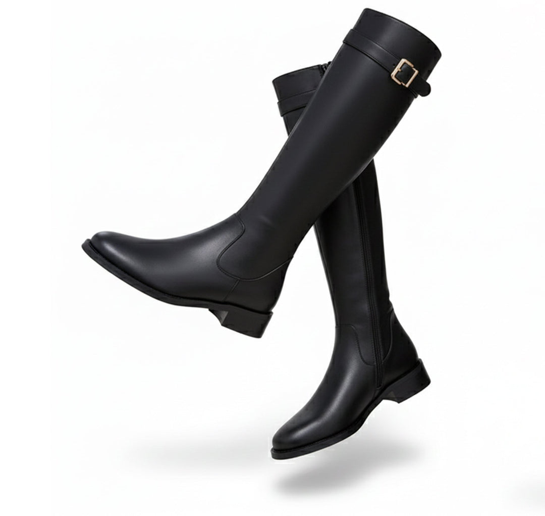 Women's riding boots in black, flat knee high with buckle strap