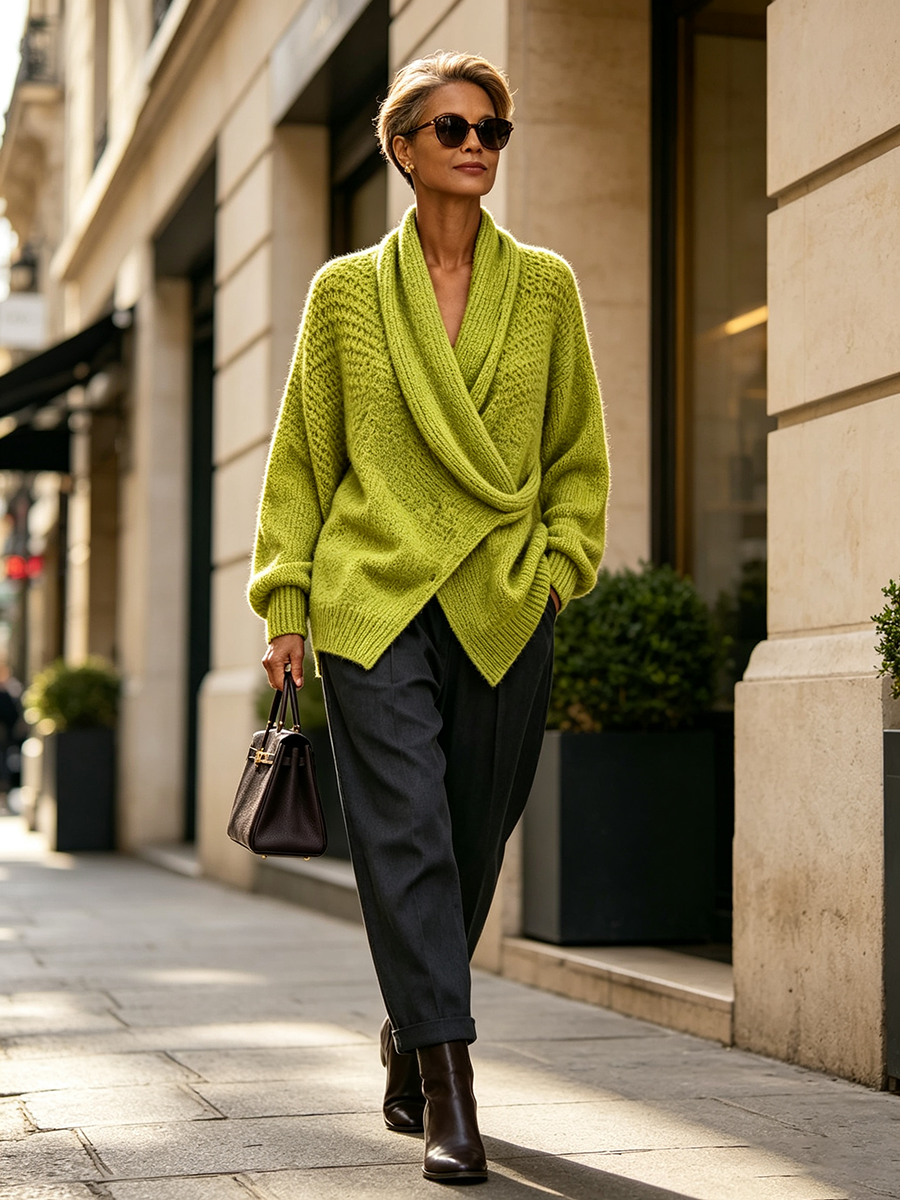 Lime wrap front sweater on a city street